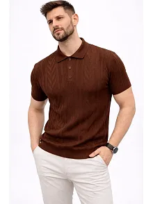 Erkek Yazlık Triko Tişört Kısa Kol Polo Yaka Düğmeli T-shirt - Kahverengi