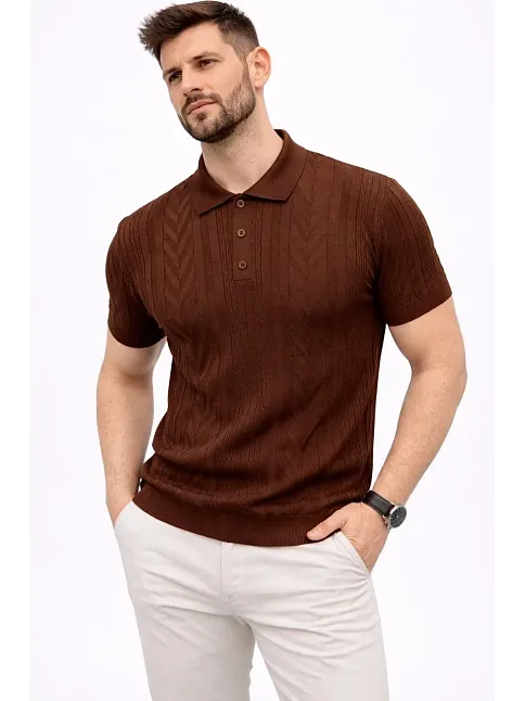Erkek Yazlık Triko Tişört Kısa Kol Polo Yaka Düğmeli T-shirt - Kahverengi