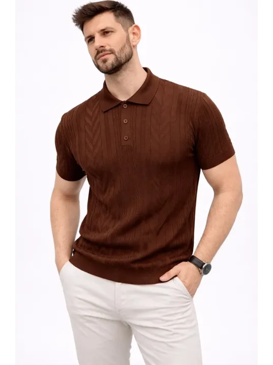 Erkek Yazlık Triko Tişört Kısa Kol Polo Yaka Düğmeli T-shirt - Kahverengi