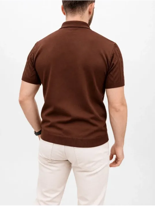 Erkek Yazlık Triko Tişört Kısa Kol Polo Yaka Düğmeli T-shirt - Kahverengi