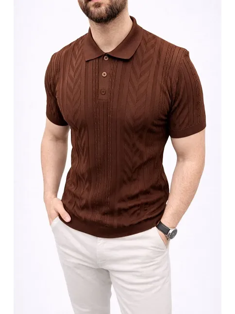 Erkek Yazlık Triko Tişört Kısa Kol Polo Yaka Düğmeli T-shirt - Kahverengi