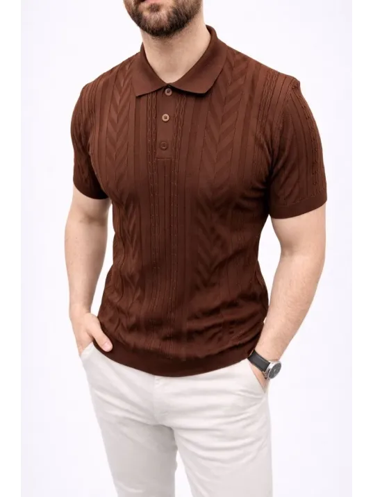 Erkek Yazlık Triko Tişört Kısa Kol Polo Yaka Düğmeli T-shirt - Kahverengi