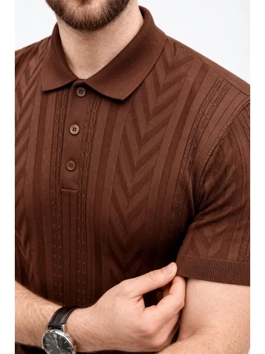 Erkek Yazlık Triko Tişört Kısa Kol Polo Yaka Düğmeli T-shirt - Kahverengi