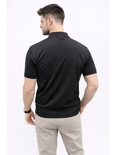 Erkek Yazlık Triko Tişört Kısa Kol Polo Yaka Düğmeli T-shirt - Siyah