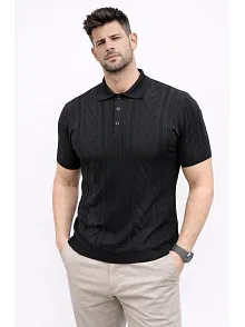 Erkek Yazlık Triko Tişört Kısa Kol Polo Yaka Düğmeli T-shirt - Siyah