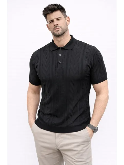 Erkek Yazlık Triko Tişört Kısa Kol Polo Yaka Düğmeli T-shirt - Siyah