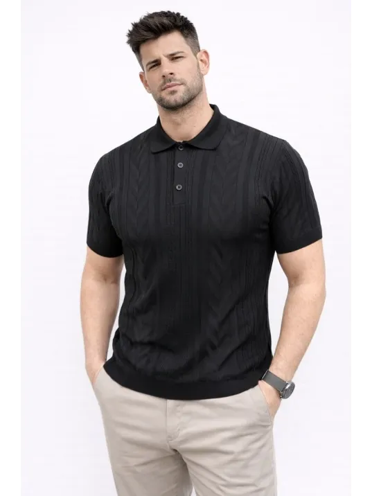 Erkek Yazlık Triko Tişört Kısa Kol Polo Yaka Düğmeli T-shirt - Siyah