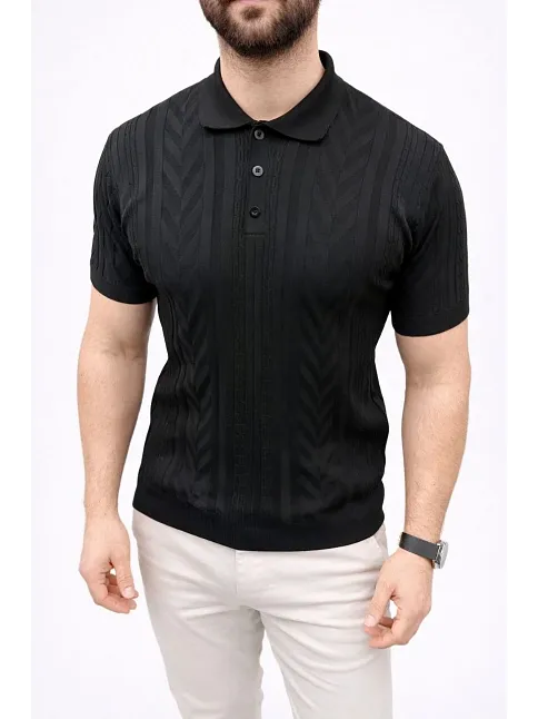 Erkek Yazlık Triko Tişört Kısa Kol Polo Yaka Düğmeli T-shirt - Siyah