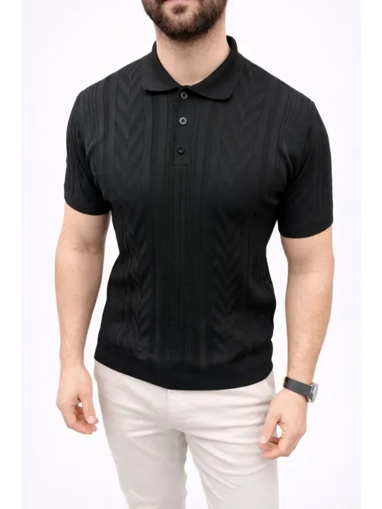 Erkek Yazlık Triko Tişört Kısa Kol Polo Yaka Düğmeli T-shirt - Siyah