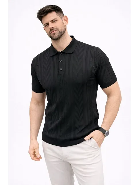 Erkek Yazlık Triko Tişört Kısa Kol Polo Yaka Düğmeli T-shirt - Siyah