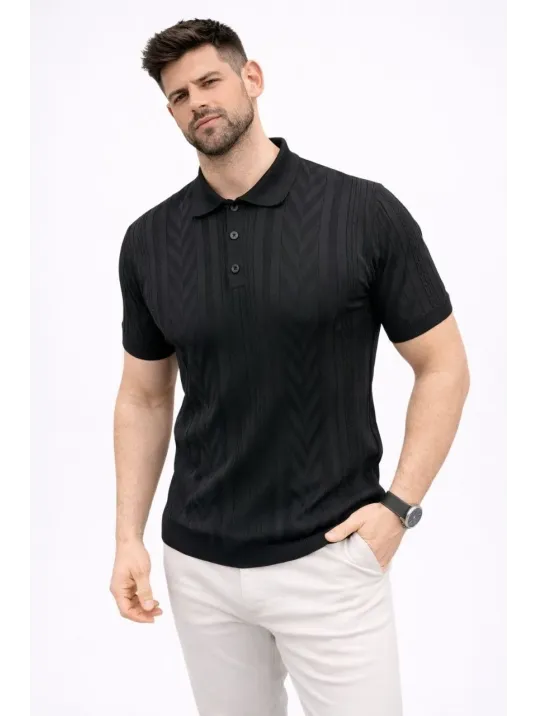 Erkek Yazlık Triko Tişört Kısa Kol Polo Yaka Düğmeli T-shirt - Siyah