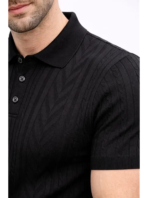 Erkek Yazlık Triko Tişört Kısa Kol Polo Yaka Düğmeli T-shirt - Siyah