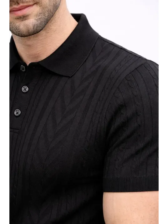Erkek Yazlık Triko Tişört Kısa Kol Polo Yaka Düğmeli T-shirt - Siyah