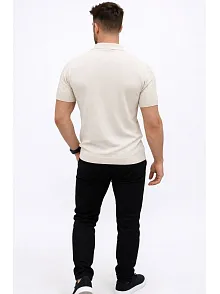 Erkek Yazlık Triko Tişört Kısa Kol Polo Yaka Düğmeli T-shirt - Krem
