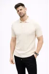 Erkek Yazlık Triko Tişört Kısa Kol Polo Yaka Düğmeli T-shirt - Krem