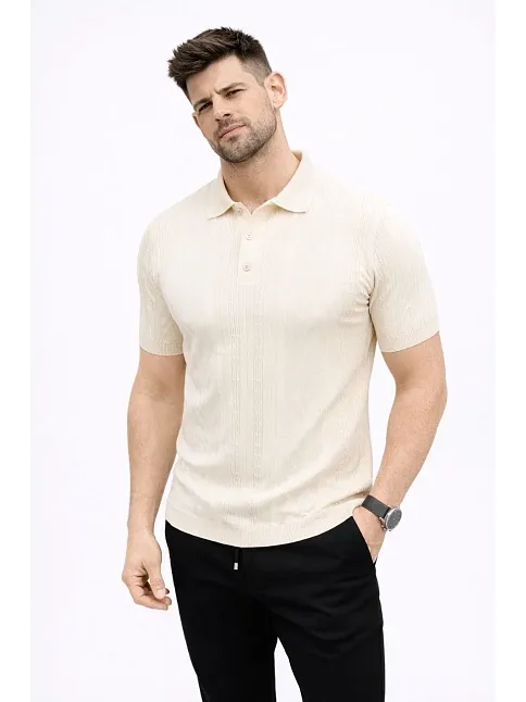 Erkek Yazlık Triko Tişört Kısa Kol Polo Yaka Düğmeli T-shirt - Krem