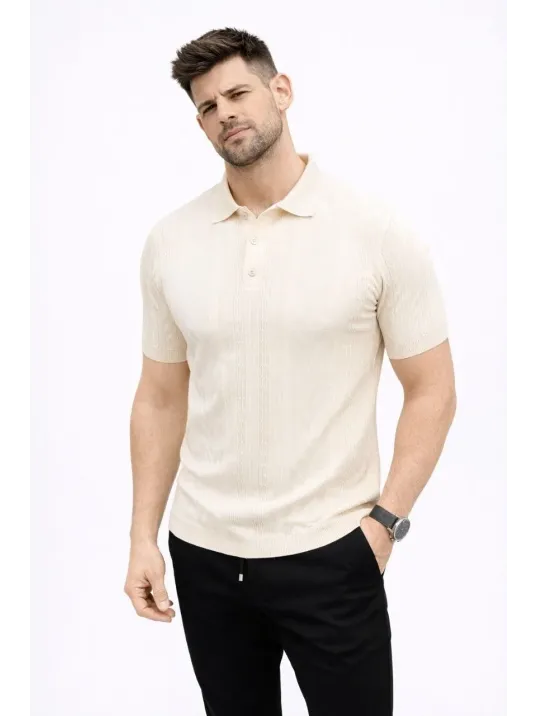 Erkek Yazlık Triko Tişört Kısa Kol Polo Yaka Düğmeli T-shirt - Krem