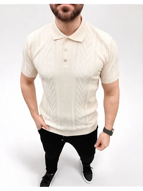 Erkek Yazlık Triko Tişört Kısa Kol Polo Yaka Düğmeli T-shirt - Krem