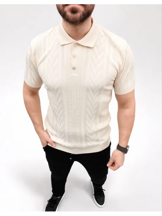 Erkek Yazlık Triko Tişört Kısa Kol Polo Yaka Düğmeli T-shirt - Krem