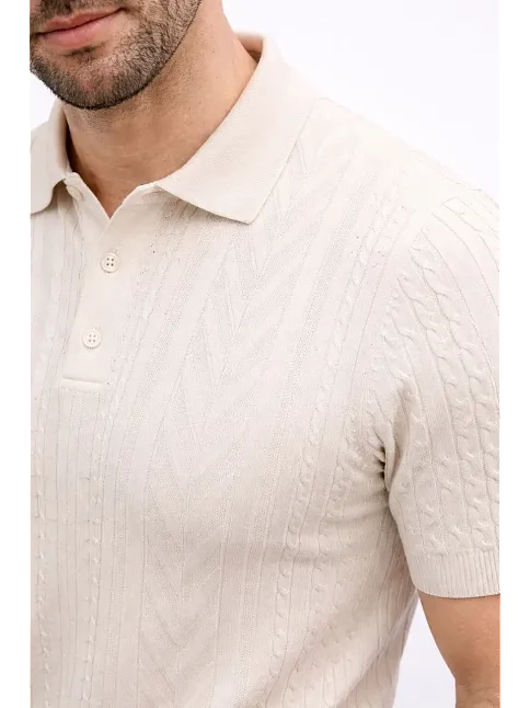 Erkek Yazlık Triko Tişört Kısa Kol Polo Yaka Düğmeli T-shirt - Krem