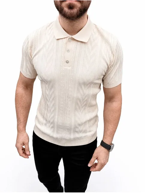 Erkek Yazlık Triko Tişört Kısa Kol Polo Yaka Düğmeli T-shirt - Krem