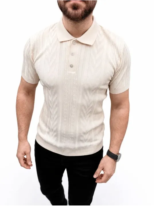 Erkek Yazlık Triko Tişört Kısa Kol Polo Yaka Düğmeli T-shirt - Krem