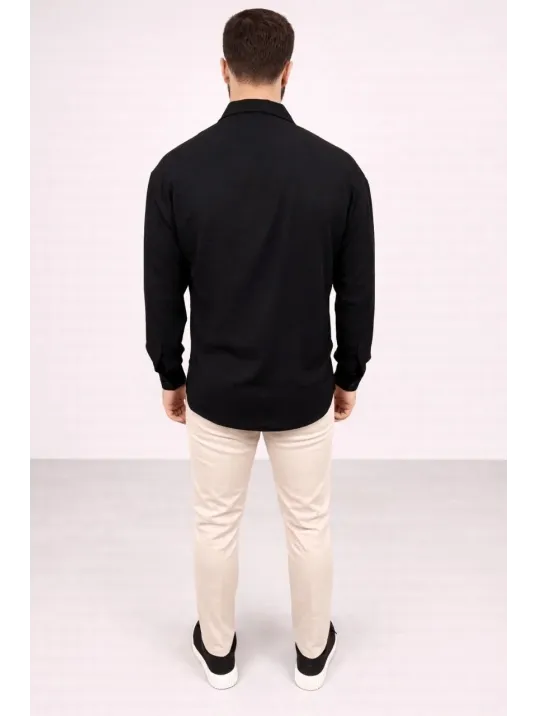 Erkek Aerobin Kumaş Oversize 4 Mevsim Uzun Kollu Rahat Kalıp Gömlek - Siyah