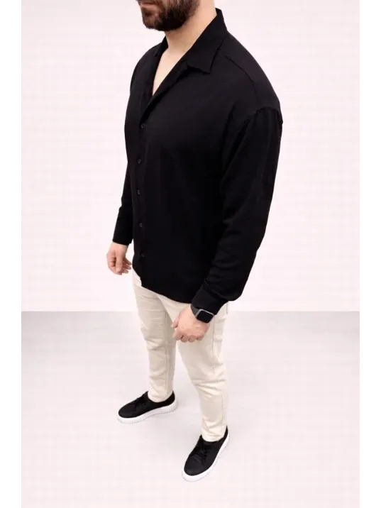 Erkek Aerobin Kumaş Oversize 4 Mevsim Uzun Kollu Rahat Kalıp Gömlek - Siyah