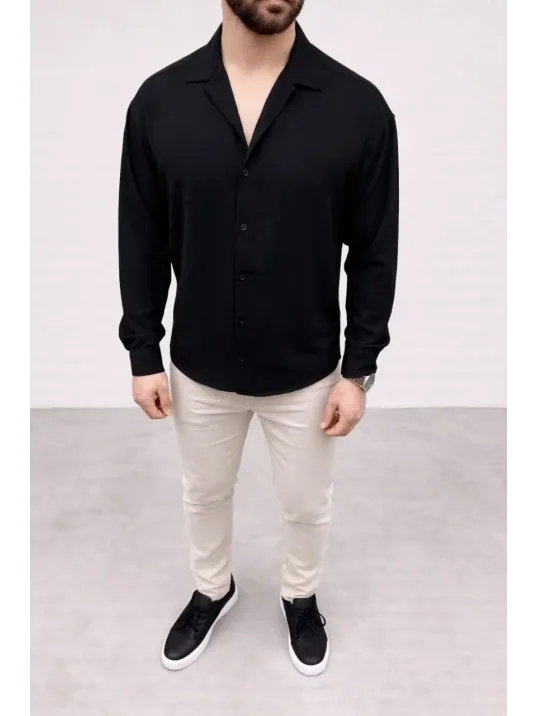 Erkek Aerobin Kumaş Oversize 4 Mevsim Uzun Kollu Rahat Kalıp Gömlek - Siyah