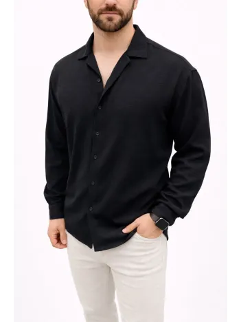 Erkek Aerobin Kumaş Oversize 4 Mevsim Uzun Kollu Rahat Kalıp Gömlek - Siyah