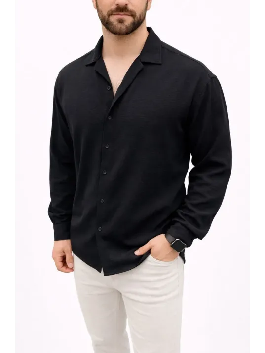 Erkek Aerobin Kumaş Oversize 4 Mevsim Uzun Kollu Rahat Kalıp Gömlek - Siyah