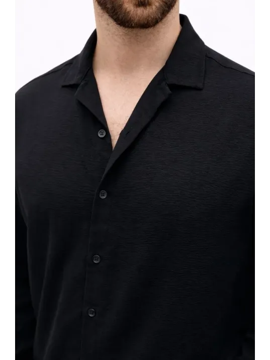 Erkek Aerobin Kumaş Oversize 4 Mevsim Uzun Kollu Rahat Kalıp Gömlek - Siyah