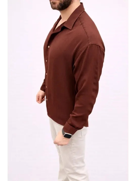 Erkek Aerobin Kumaş Oversize 4 Mevsim Uzun Kollu Rahat Kalıp Gömlek - Kahverengi