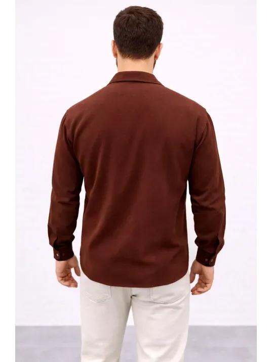 Erkek Aerobin Kumaş Oversize 4 Mevsim Uzun Kollu Rahat Kalıp Gömlek - Kahverengi