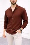 Erkek Aerobin Kumaş Oversize 4 Mevsim Uzun Kollu Rahat Kalıp Gömlek - Kahverengi