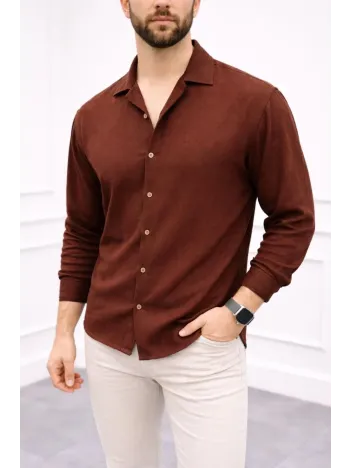 Erkek Aerobin Kumaş Oversize 4 Mevsim Uzun Kollu Rahat Kalıp Gömlek - Kahverengi