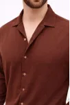 Erkek Aerobin Kumaş Oversize 4 Mevsim Uzun Kollu Rahat Kalıp Gömlek - Kahverengi