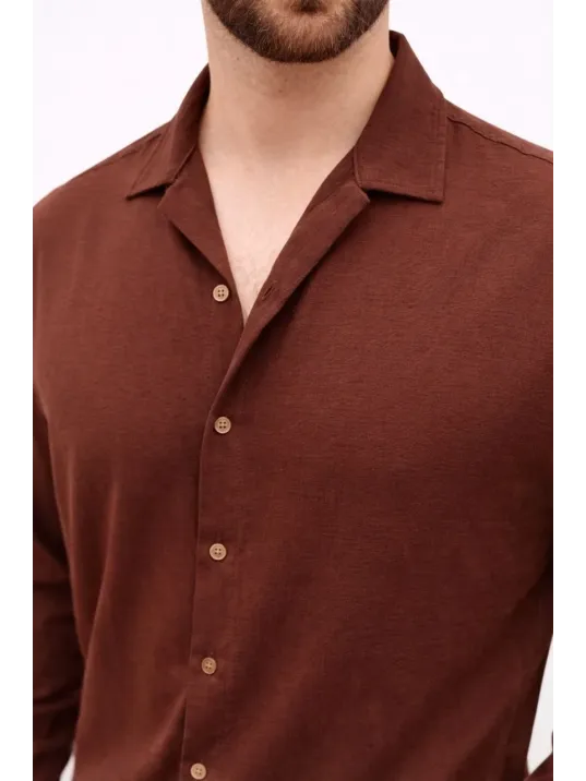Erkek Aerobin Kumaş Oversize 4 Mevsim Uzun Kollu Rahat Kalıp Gömlek - Kahverengi