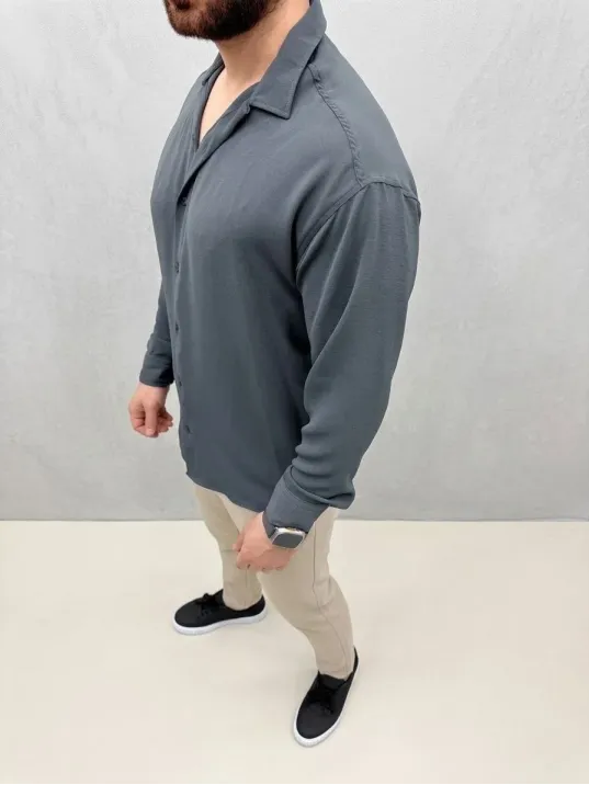 Erkek Aerobin Kumaş Oversize 4 Mevsim Uzun Kollu Rahat Kalıp Gömlek - Füme