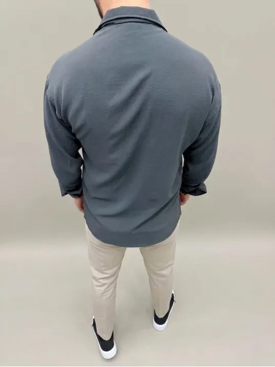 Erkek Aerobin Kumaş Oversize 4 Mevsim Uzun Kollu Rahat Kalıp Gömlek - Füme