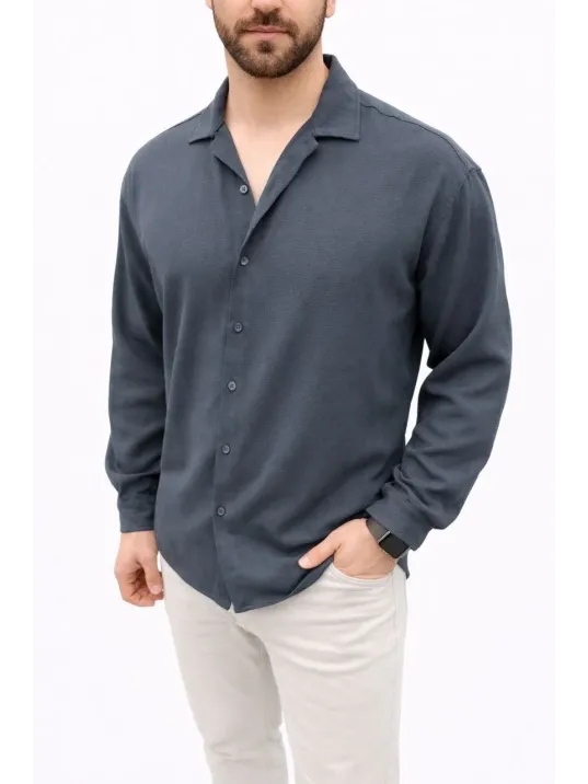 Erkek Aerobin Kumaş Oversize 4 Mevsim Uzun Kollu Rahat Kalıp Gömlek - Füme