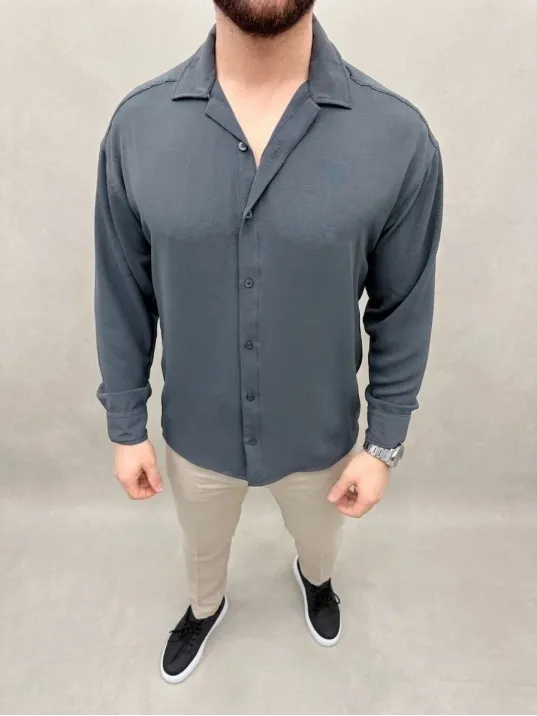 Erkek Aerobin Kumaş Oversize 4 Mevsim Uzun Kollu Rahat Kalıp Gömlek - Füme