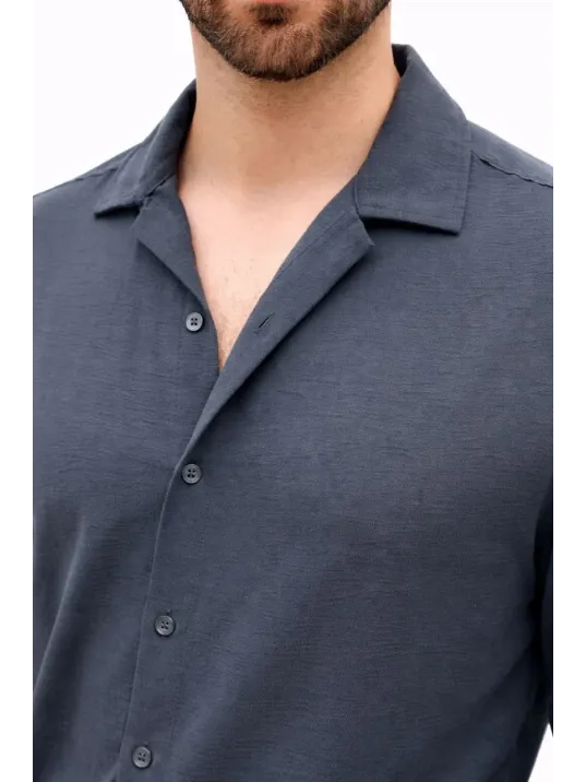 Erkek Aerobin Kumaş Oversize 4 Mevsim Uzun Kollu Rahat Kalıp Gömlek - Füme