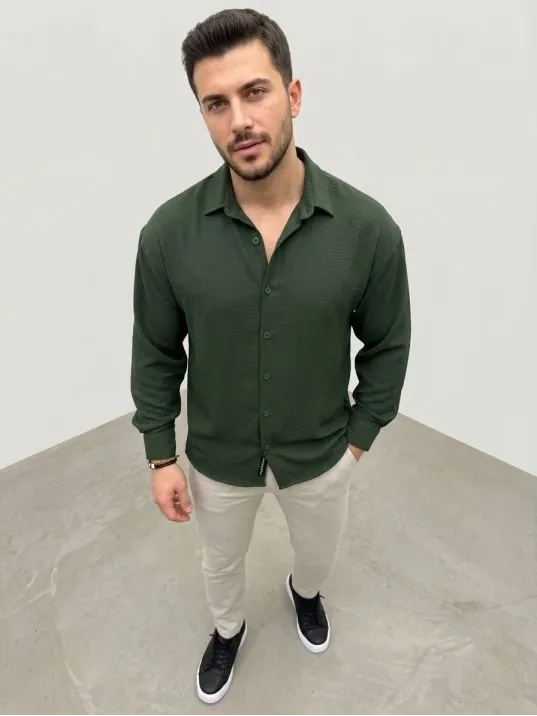 Erkek Aerobin Kumaş Oversize 4 Mevsim Uzun Kollu Rahat Kalıp Gömlek - Haki Erkek Aerobin Kumaş Oversize 4 Mevsim Uzun Kollu Rahat Kalıp Gömlek - Haki