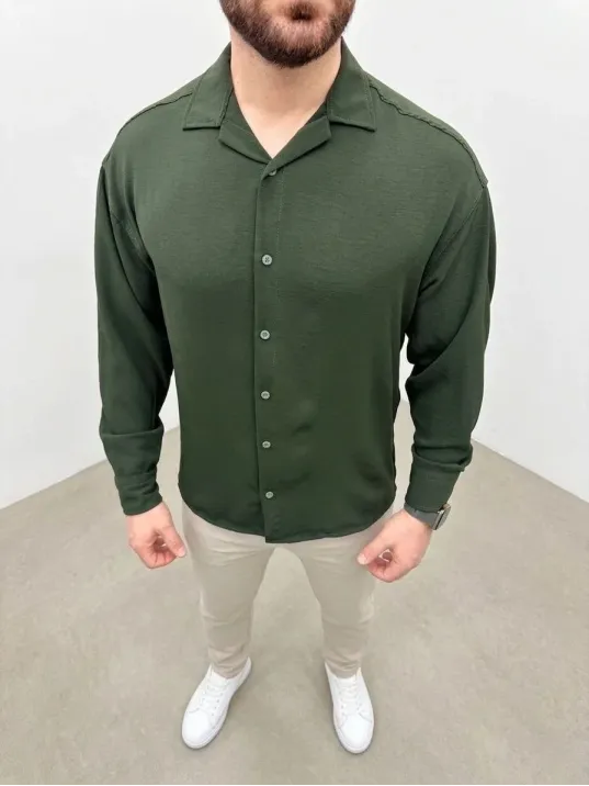 Erkek Aerobin Kumaş Oversize 4 Mevsim Uzun Kollu Rahat Kalıp Gömlek - Haki Erkek Aerobin Kumaş Oversize 4 Mevsim Uzun Kollu Rahat Kalıp Gömlek - Haki