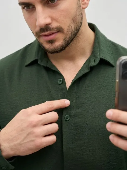 Erkek Aerobin Kumaş Oversize 4 Mevsim Uzun Kollu Rahat Kalıp Gömlek - Haki Erkek Aerobin Kumaş Oversize 4 Mevsim Uzun Kollu Rahat Kalıp Gömlek - Haki