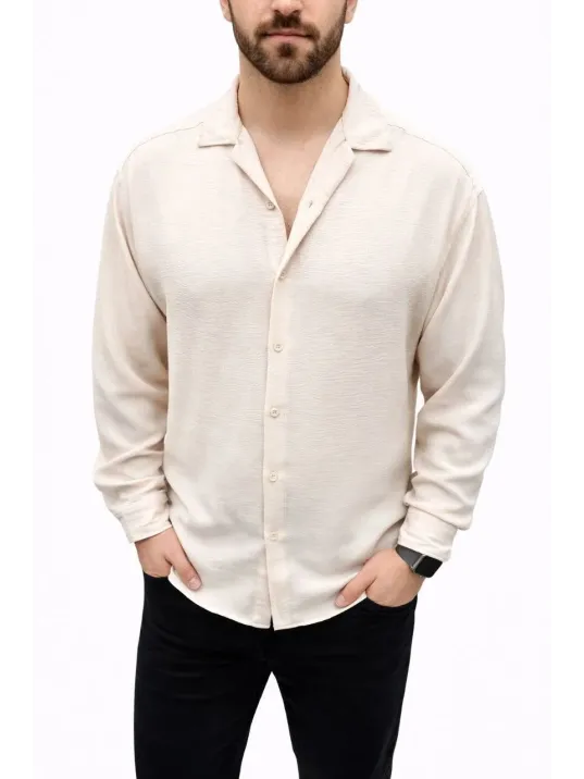 Erkek Aerobin Kumaş Oversize 4 Mevsim Uzun Kollu Rahat Kalıp Gömlek - Bej Erkek Aerobin Kumaş Oversize 4 Mevsim Uzun Kollu Rahat Kalıp Gömlek - Bej