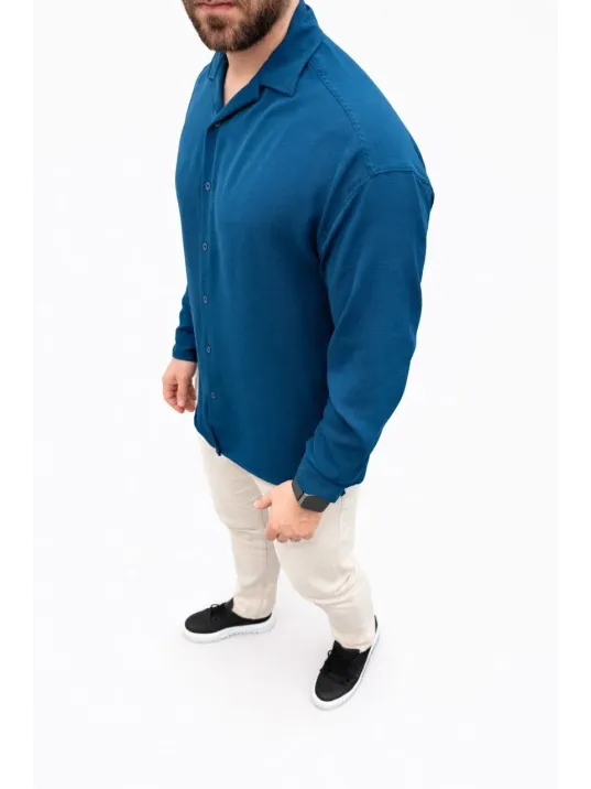 Erkek Aerobin Kumaş Oversize 4 Mevsim Uzun Kollu Rahat Kalıp Gömlek - İndigo