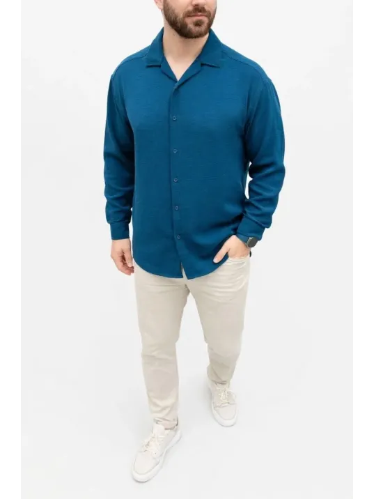 Erkek Aerobin Kumaş Oversize 4 Mevsim Uzun Kollu Rahat Kalıp Gömlek - İndigo