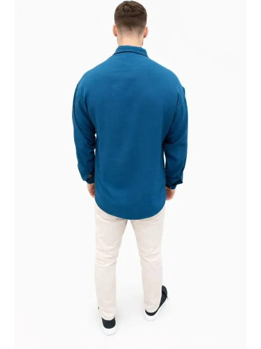 Erkek Aerobin Kumaş Oversize 4 Mevsim Uzun Kollu Rahat Kalıp Gömlek - İndigo